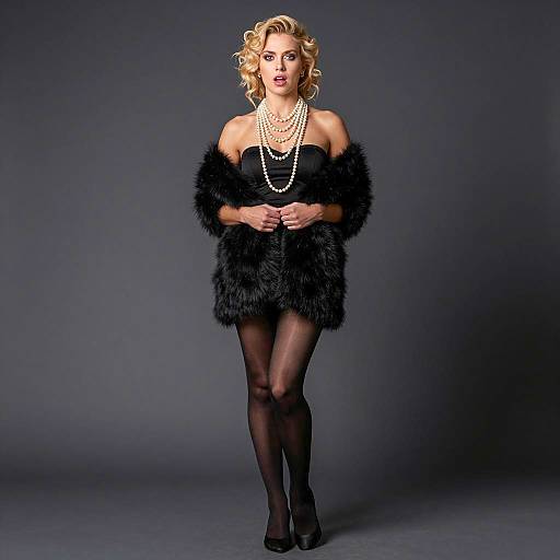 Elegant Blonde Woman in Black with Pearl Necklaces