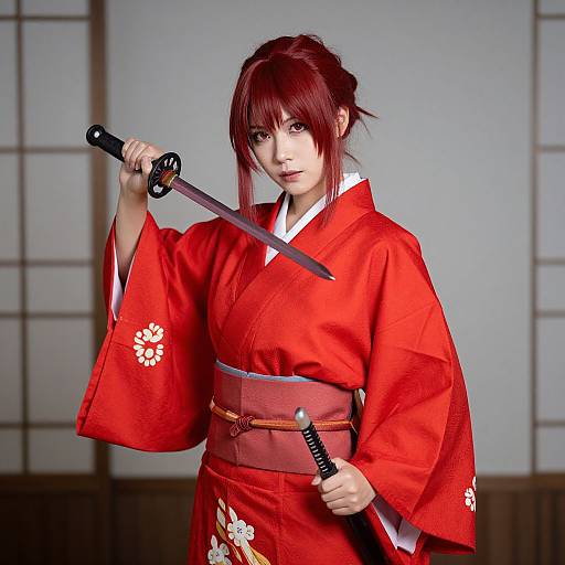 Digital artwork of a red-haired woman in a red kimono holding two katanas, standing in a traditional Japanese room.
