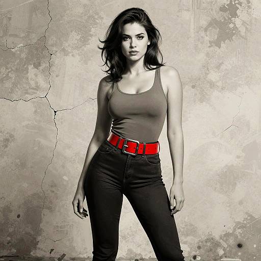 Photograph of a confident woman with dark hair, wearing a gray tank top, black pants, and a vibrant red belt, standing against a textured,