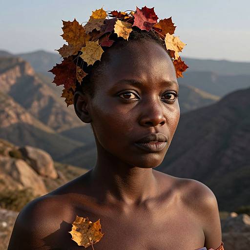 Photograph of a topless African woman with dark skin, wearing a leaf crown of autumn colors, set against a mountainous landscape.