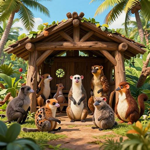 Photorealistic CGI of nine meerkats of varying colors and patterns, standing and sitting around a rustic wooden hut in a lush, tropical jungle with