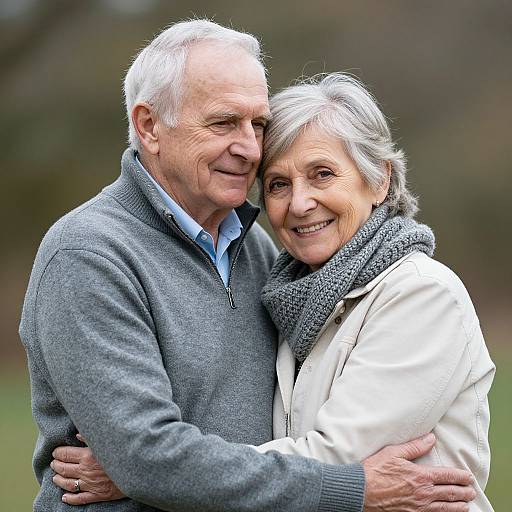 Photograph of an elderly couple hugging outdoors; the man in a gray sweater, the woman in a white jacket and gray scarf, smiling warmly.