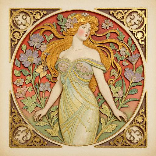 Art Nouveau Woman with Flowers and Scroll Border