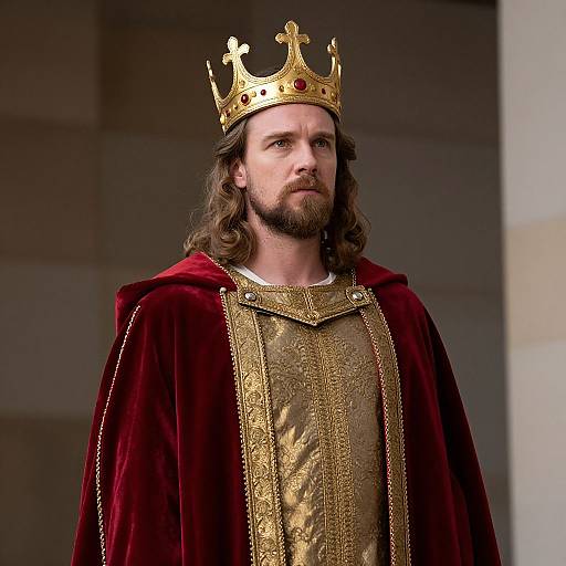 Photograph of a bearded, long-haired man wearing a gold crown, red velvet robe, and ornate gold tunic, standing against a dark