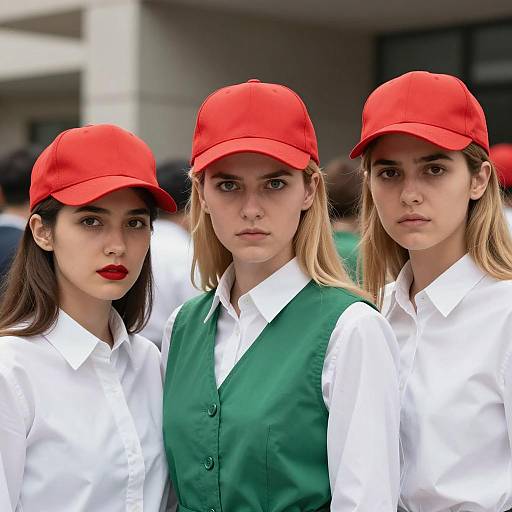 Three Women Wearing Red Caps and White Shirts