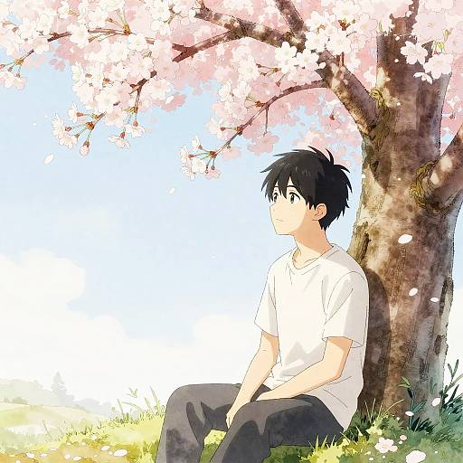 Anime-style drawing of a black-haired boy in a white shirt sitting under a cherry blossom tree, gazing upwards at pink flowers. Bright sunlight and soft