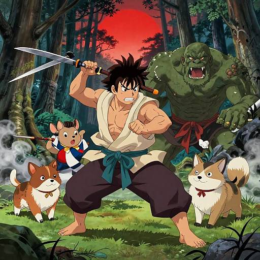 Anime-style forest battle: muscular, black-haired man with sword, green orc, two children, and two dogs, against red sunset backdrop.