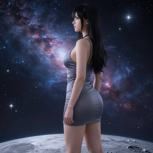 Digital artwork: Curvy woman with long black hair in a tight gray dress stands on a moon, facing left, with a colorful galaxy background.