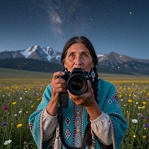 Photograph of an elderly Indigenous woman with long black braids, wearing a blue embroidered sweater, photographing a starry night sky over a field of