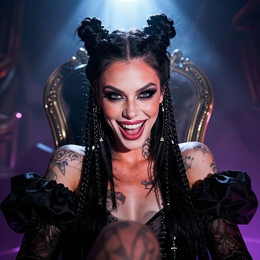 Photograph of a smiling woman with dark braided hair in double buns, bold makeup, black lace dress, tattoos, and ornate chair,