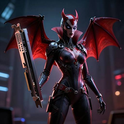 CGI image of a demon-like female warrior with red wings, black latex suit, high collar, and futuristic gun, in a dark, neon-l