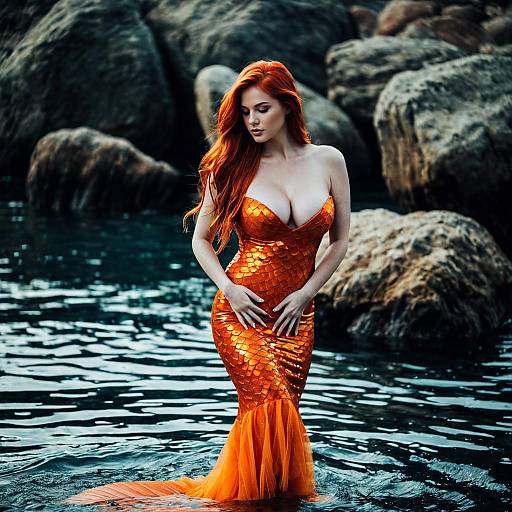 Red-haired Woman in Orange Mermaid Costume by Rocks