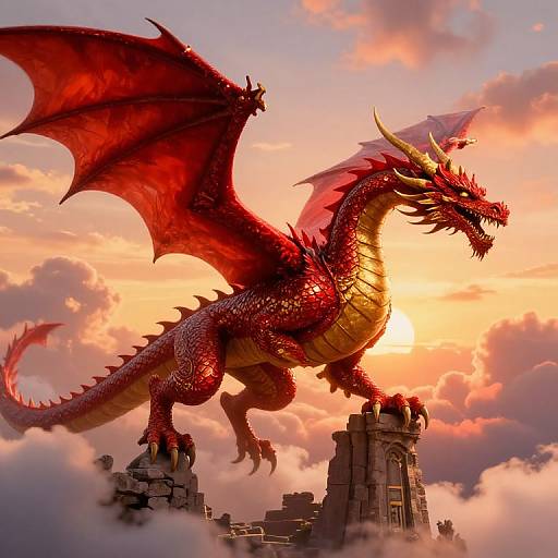 Digital artwork of a majestic red dragon with golden underbelly, sharp horns, and large wings, soaring above a ruined castle during a vibrant sunset.