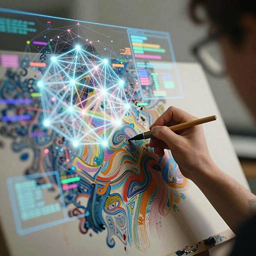 Photograph of a hand with a pencil, drawing a vibrant, digital, starburst-filled, multicolored abstract design on a white paper.