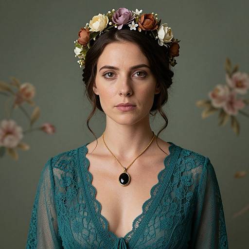 Photograph of a fair-skinned woman with dark hair, wearing a floral crown, teal lace dress, and gold necklace, set against a floral background
