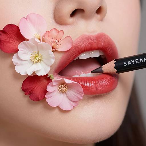 Close-up photograph of a woman's lips with vibrant red lipstick, adorned with pink and white cherry blossoms, a black 