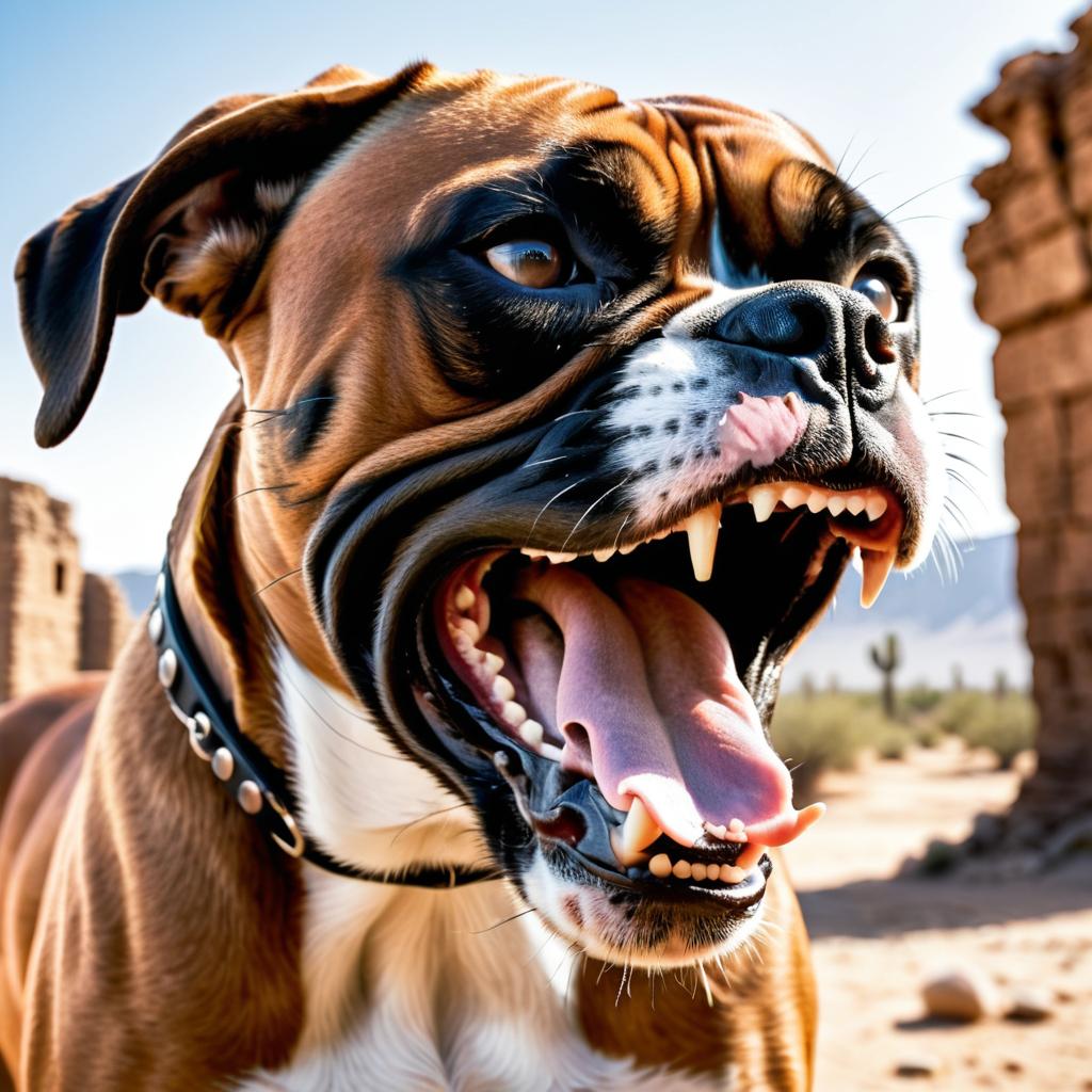 Fierce Boxer Dog in Desert Ruins