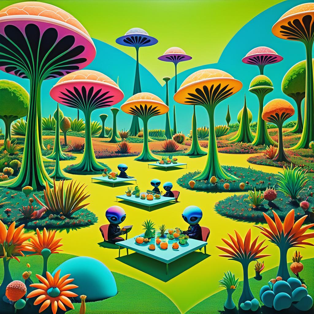 Vibrant Alien Family Picnic in Retro Style