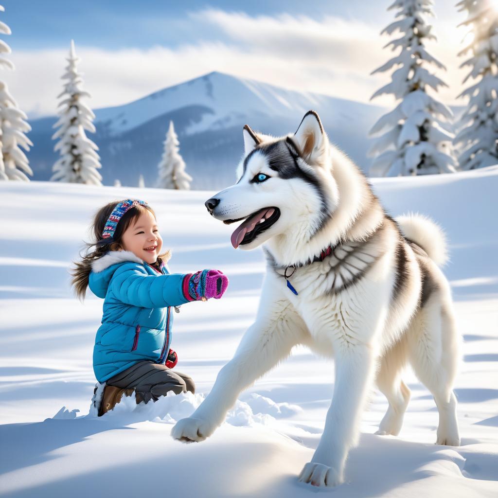 Joyful Siberian Husky and Child in Snow