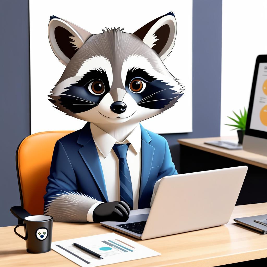 Confident Cartoon Raccoon at Desk