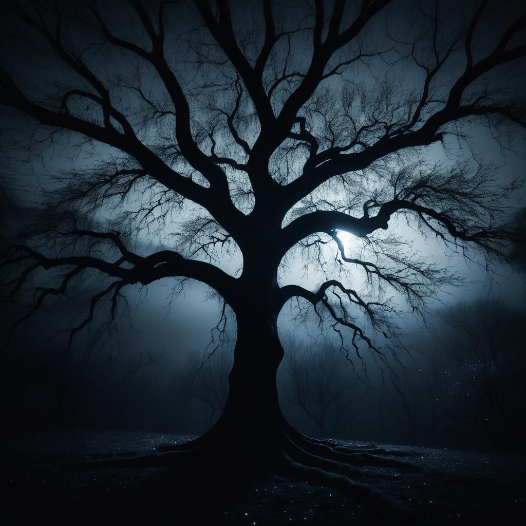 Surreal Nighttime Tree with Glowing Eyes