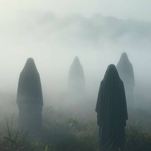 Ethereal Cloaked Figures in Misty Field
