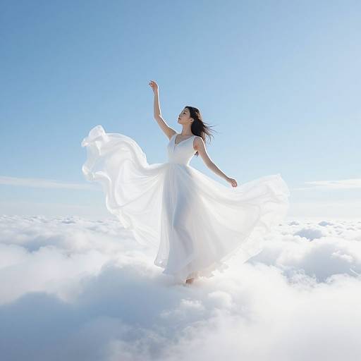 Photograph of a woman in a flowing white dress standing on clouds, arms raised, against a bright blue sky, ethereal and serene.