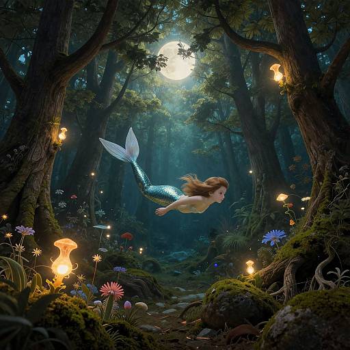Digital fantasy artwork of a glowing blue mermaid with flowing red hair, mid-flight in a mystical forest, illuminated by fireflies and moonlight, surrounded