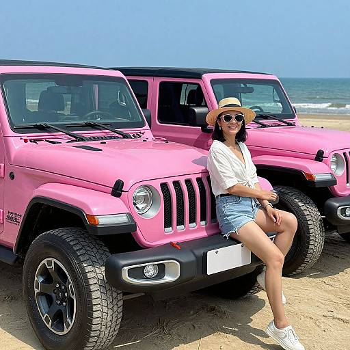Photograph of a woman in a white shirt, denim shorts, and sunhat, sitting on a pink Jeep, beach background.