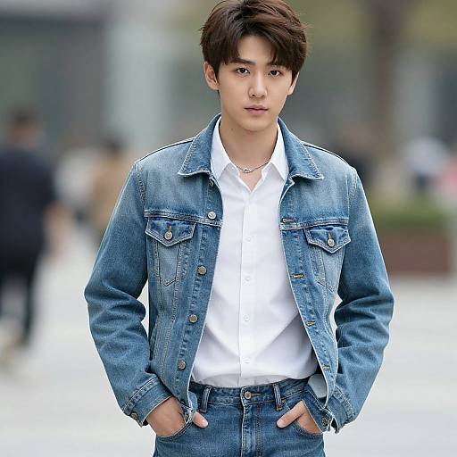 Photograph of a young Asian man with short, dark hair, wearing a blue denim jacket over a white shirt, hands in pockets, standing in a