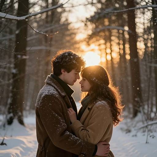 Photograph of a couple gazing into each other's eyes in a snowy forest at sunset, both wearing winter coats, with snowflakes falling.