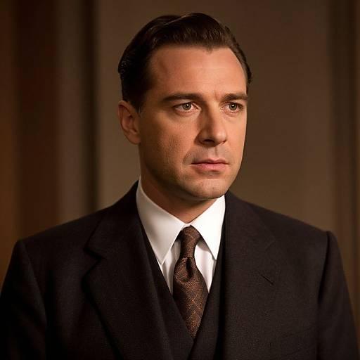 Photograph of a handsome, serious-looking man with short, dark hair, wearing a black suit, white shirt, and brown patterned tie, against