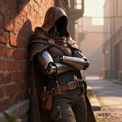 Photorealistic CGI of a robotic figure in a brown hooded cloak, leaning against a sunlit brick alleyway, arms crossed. Cyberpunk style