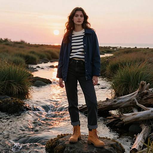Woman on Rock at Estuary Sunset