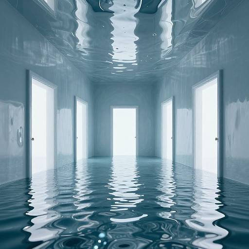 Photorealistic digital art of a surreal hallway with water-covered floor, glossy white walls, and bright, glowing doorways. Ceiling and walls reflect light