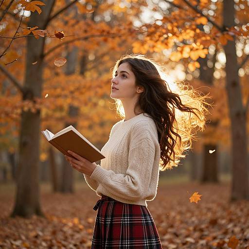 Young Woman Reading in Autumn Forest