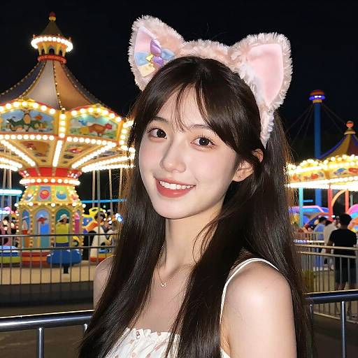 Photograph of a smiling East Asian woman with long black hair, wearing pink furry cat ears, white dress, at a brightly lit night carnival with colorful