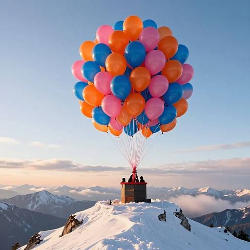 Photograph of a colorful balloon cluster (orange, blue, pink) lifting a group of people on a snowy mountain peak at sunrise.