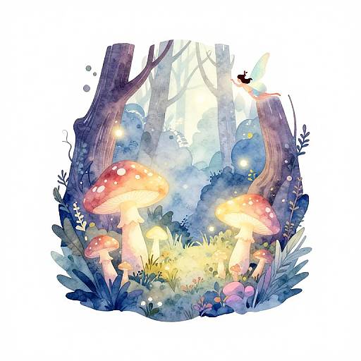 Whimsical watercolor painting of a mystical forest with glowing red and yellow mushrooms, surrounded by blue foliage and illuminated by ethereal light.