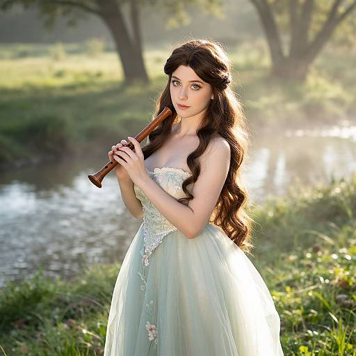 Photograph of a fair-skinned woman with long, wavy brown hair, wearing a strapless, pale green, floral-embellished gown
