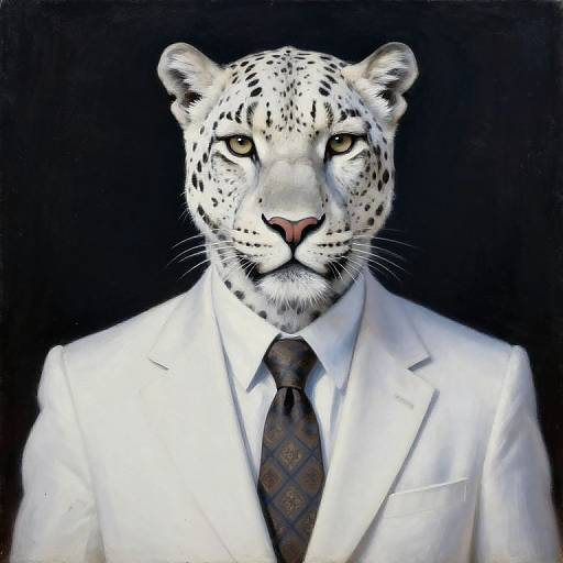 Digital painting of a white leopard with yellow eyes, wearing a white suit and dark patterned tie, against a black background.