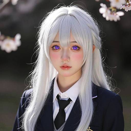 Digital anime-style portrait of a young girl with long white hair, purple eyes, wearing a black suit, white shirt, and black tie, standing in