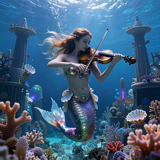 Mermaid Playing Violin in Underwater Coral City