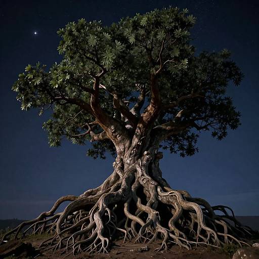 Photograph of a massive, twisted tree with tangled roots, illuminated against a dark, starry night sky, showcasing its intricate, gnarled bark