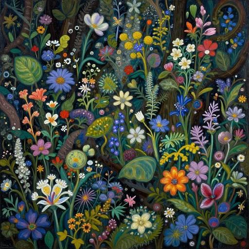 Vibrant digital illustration of dense, colorful floral tapestry featuring diverse flowers, leaves, and stems in rich blues, yellows, purples,