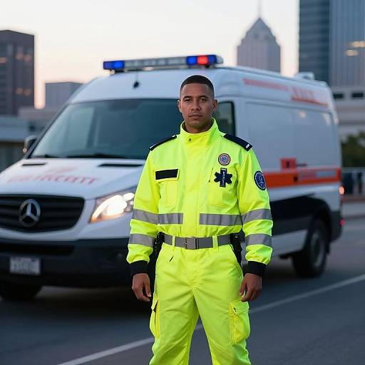 Photograph of a male emergency medical technician in bright neon yellow uniform standing in front of a white ambulance with blue and red lights in an urban setting.