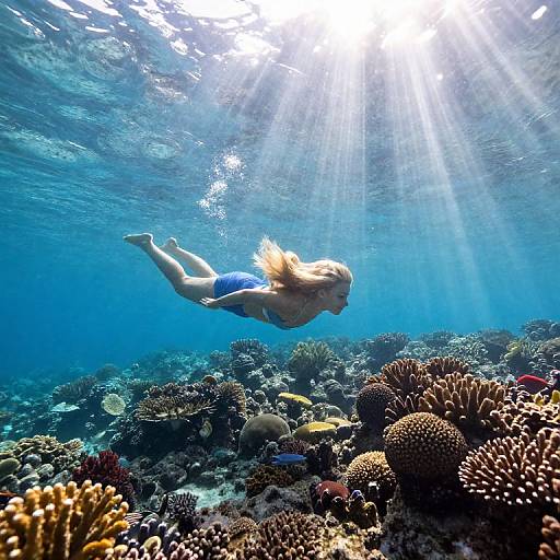 Blonde Girl Floating Near Coral Reefs