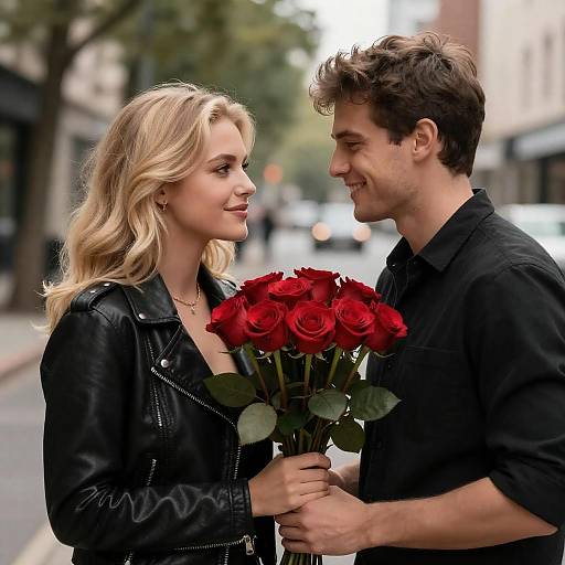 City Couple Smiling with Red Roses