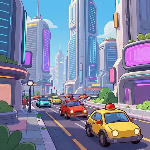 Vibrant digital illustration of a futuristic city street with colorful neon lights, tall skyscrapers, and various cars, including a yellow taxi, driving
