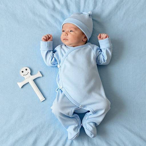 Photograph of a sleeping baby in a light blue onesie and hat, lying on a light blue sheet, with a white smiley cross toy beside